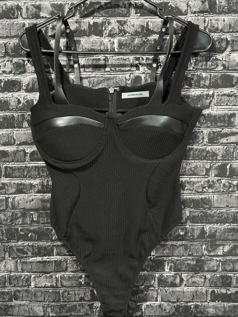 Maniere De Voir Black Ribbed Bodysuit with Faux Leather Accents
